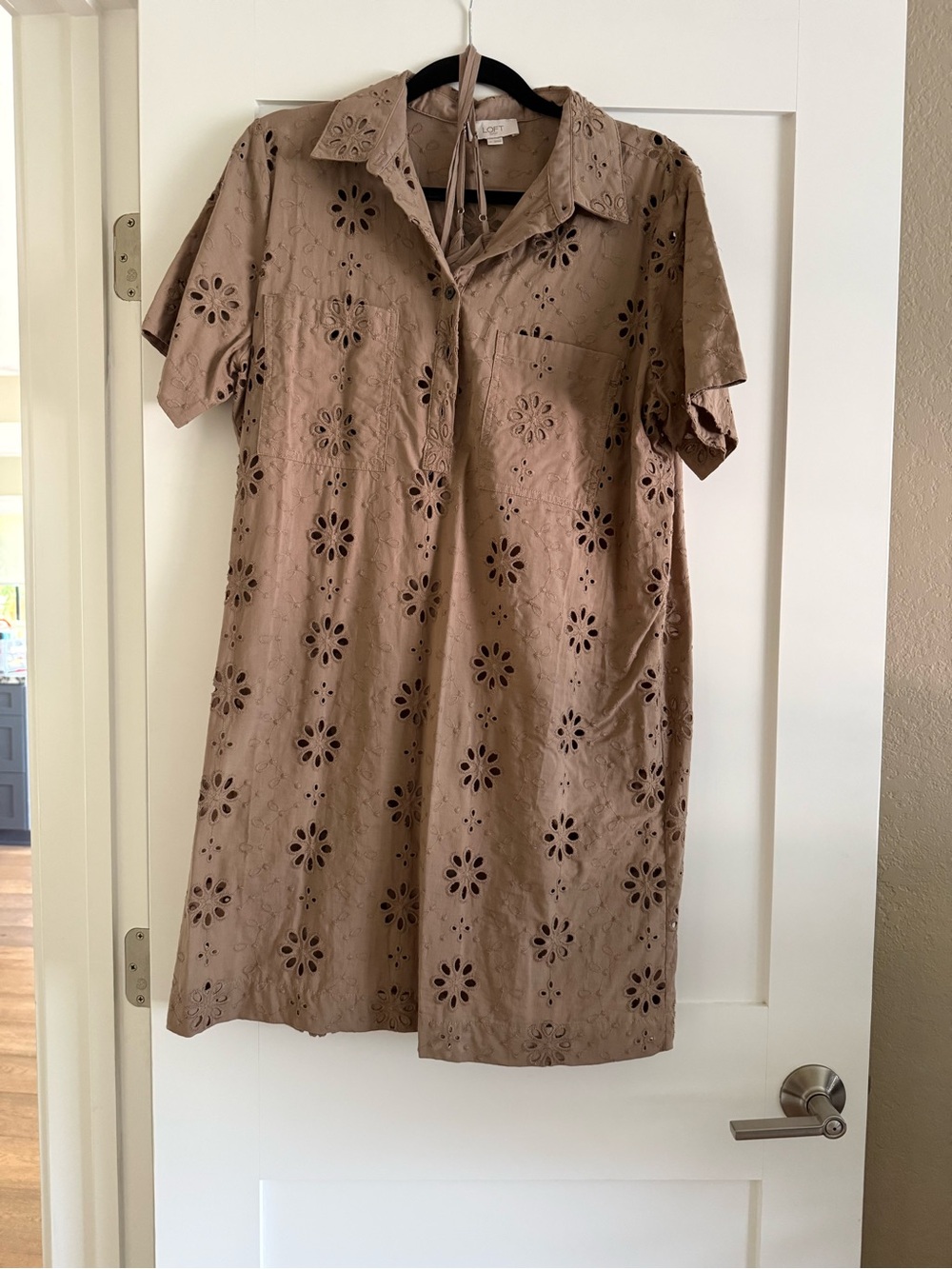 LOFT Taupe Eyelet Midi Shirt Dress